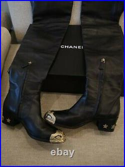 CHANEL 14A Black Leather Paris Dallas Over Knee Thigh Heel CC Gold Logo