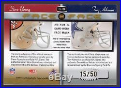 2001 Donruss Elite Troy Aikman Steve Young Face 2 Face Mask game used Auto /50