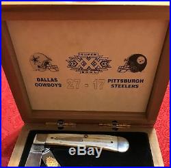 Case XX1996 Dallas Cowboys Super Bowl XXX Trapper Pocket Knife 4 1/8Wood Box