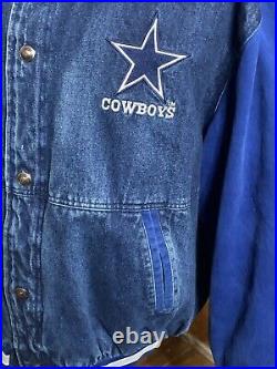 Dallas Cowboys Starter Team NFL Vtg Quilted Lining Blue Denim Jacket Sz XXL 2XL