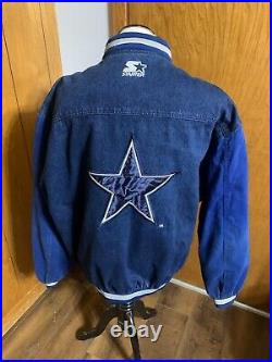 Dallas Cowboys Starter Team NFL Vtg Quilted Lining Blue Denim Jacket Sz XXL 2XL