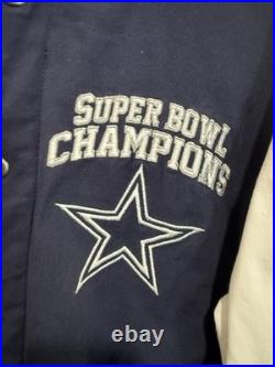 Dallas Cowboys Super Bowl Champs Commemorative Patch Button Jacket Blue Sz Large Dallas Cowboys Super Bowl Champs Commemorative Patch Button Jacket Blue Sz Large