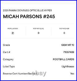 PSA 10 2021 Panini Optic MICAH PARSONS 245 RATED ROOKIE Blue HYPER Prizm COWBOYS