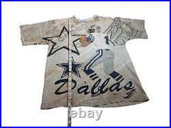 RARE Vintage All Sport 90s Dallas Cowboys All Over Print Destroyed T Shirt Sz L
