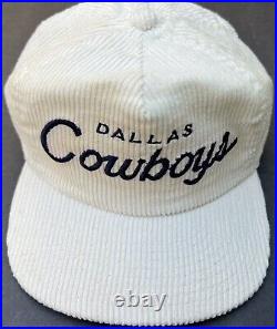 RARE Vtg WHITE Dallas Cowboys Sports Specialties Script Hat The Cord Corduroy