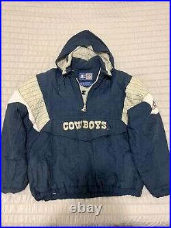 VINTAGE Starter DALLAS COWBOYS NFL Football Hooded Team Puffer Jacket Mens Large