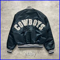 VTG 90s NFL DALLAS COWBOYS CHALK LINE SATIN JACKET SPELL OUT SIZE L BLUE