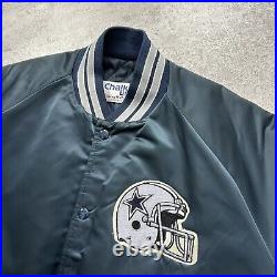 VTG 90s NFL DALLAS COWBOYS CHALK LINE SATIN JACKET SPELL OUT SIZE L BLUE