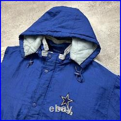 VTG 90s NFL DALLAS COWBOYS STARTER PUFFER JACKET HOODIE SIZE L BLUE