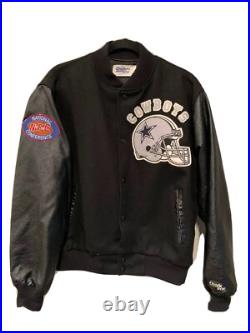 Vintage 80s Dallas Cowboys Leather Wool Varsity Jacket Chalk Line Black G2U