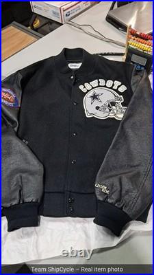 Vintage 80s Dallas Cowboys Leather Wool Varsity Jacket Chalk Line Black G2U
