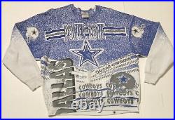 Vintage 90s Dallas Cowboys AOP Football Crewneck Sweatshirt NFL Size XL 24x27.5