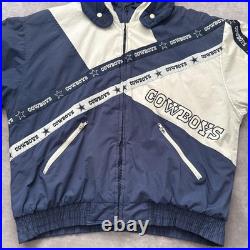 Vintage 90s Dallas Cowboys Jacket Mens XL Blue White NFL Football Hooded Puffer
