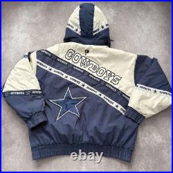 Vintage 90s Dallas Cowboys Jacket Mens XL Blue White NFL Football Hooded Puffer
