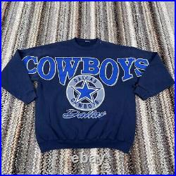 Vintage Dallas Cowboys Sweatshirt Men XL Blue Crew Neck 90s All Over AOP Sweater