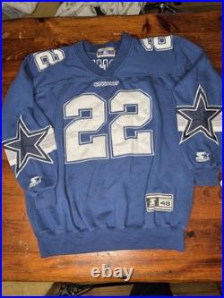 Vintage STARTER Dallas Cowboys Jersey Large 48 Emmitt Smith #22 Blue sweatshirt