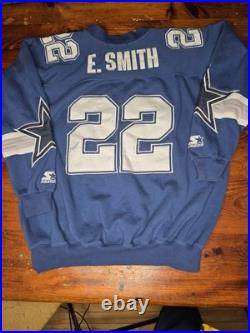 Vintage STARTER Dallas Cowboys Jersey Large 48 Emmitt Smith #22 Blue sweatshirt