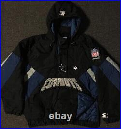Vtg 90s Starter Dallas Cowboys 1/2 Zip Spellout Puffer Jacket XL Quilt Lined 80s