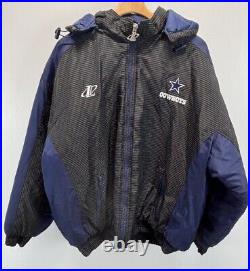 Vtg Dallas Cowboys NFL Proline Jacket Sz 2XL XXL Mens Blue Black Hood Puffer