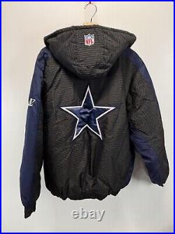 Vtg Dallas Cowboys NFL Proline Jacket Sz 2XL XXL Mens Blue Black Hood Puffer