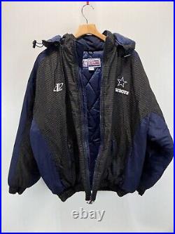 Vtg Dallas Cowboys NFL Proline Jacket Sz 2XL XXL Mens Blue Black Hood Puffer